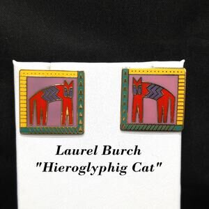 Laurel Burch "Hieroglyphig Cat" Post Earrings, Gold Plated Cloisonné Enamel
